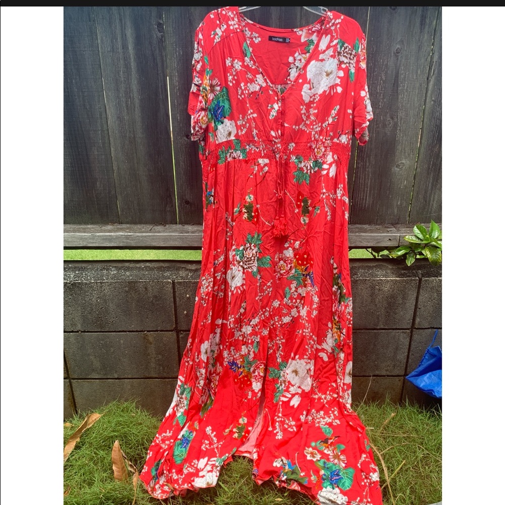 Red floral maxi dress boohoo 16